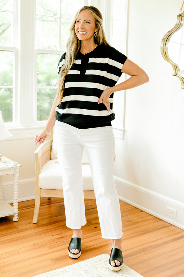 Chic Soul plus size clothing, black short sleeve sweater top with v cutout along neckline with white stripe pattern