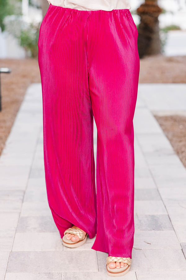 Chic Soul plus size clothing, magenta shiny pleated straight leg pants with stretchy waistband