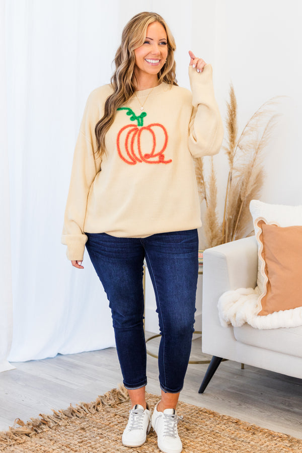 Chic Soul plus size clothing, taupe long sleeve sweater with embroidered orange pumpkin and green stem