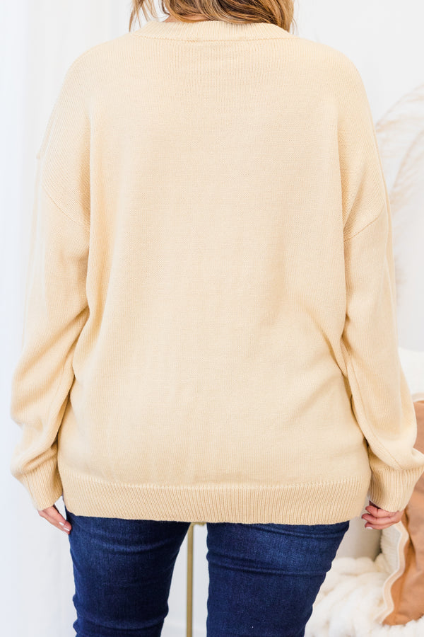 Chic Soul plus size clothing, taupe long sleeve sweater with embroidered orange pumpkin and green stem
