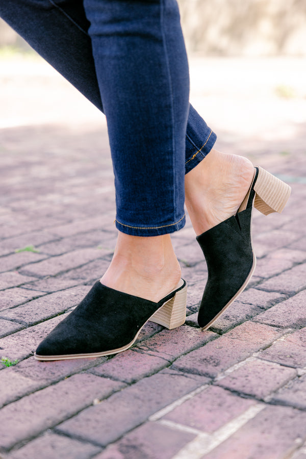 Chic Soul plus size clothing, black pointed toe mules with brown block heel