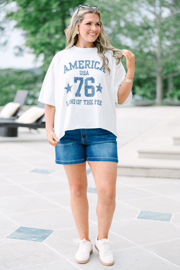 Chic Soul plus size clothing, white vintage wash boxy tee with American graphics