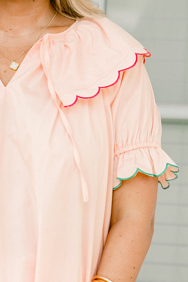 Chic Soul plus size clothing, pastel peach pink bubble sleeve peter pan collared top with red and green and blue trim on scalloped edges and neck string tie