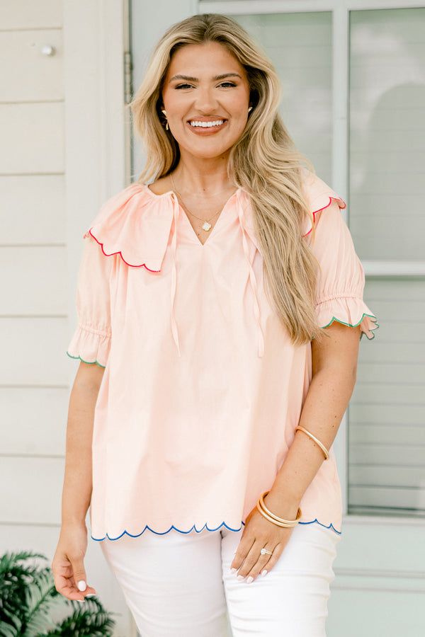 Chic Soul plus size clothing, pastel peach pink bubble sleeve peter pan collared top with red and green and blue trim on scalloped edges and neck string tie