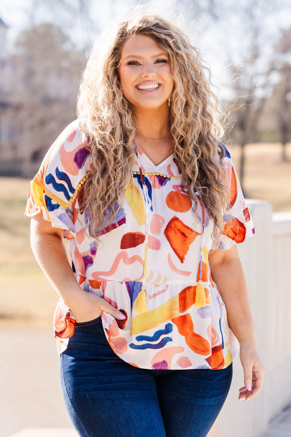 Chic Soul plus size clothing, mustard short sleeve top with v neck and tie detail with tassels and geometric print