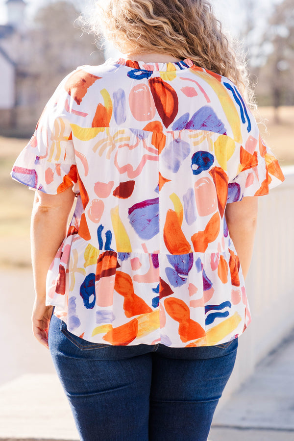 Chic Soul plus size clothing, mustard short sleeve top with v neck and tie detail with tassels and geometric print
