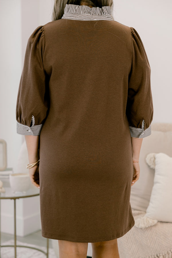 Chic Soul plus size clothing, brown 3/4 length sleeve shift dress with a brown and white striped collar and striping around the end of the sleeves