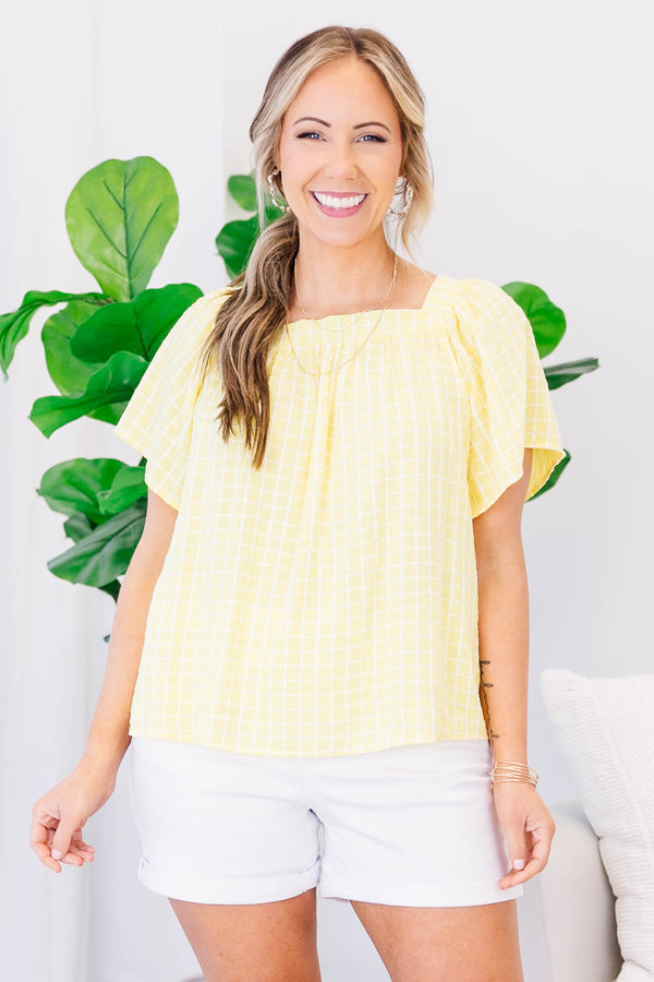 Chic Soul plus size clothing, yellow square print top with short sleeves and square neckline