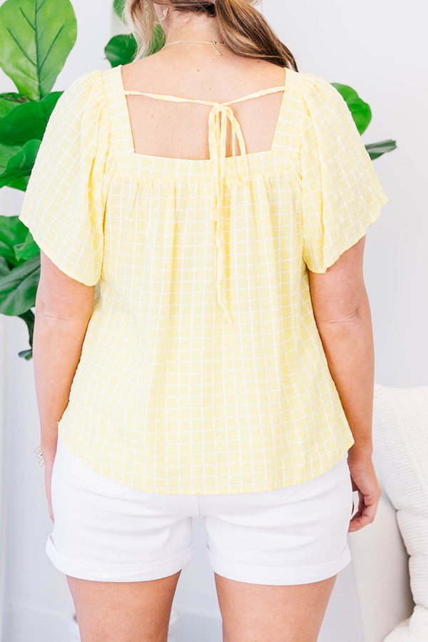 Chic Soul plus size clothing, yellow square print top with short sleeves and square neckline