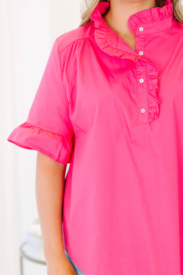 Plus Size berry pink short sleeve top with a ruffled collar, button-down front, and flared cuffs.