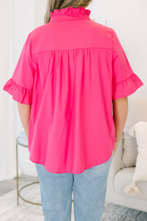 Plus Size berry pink short sleeve top with a ruffled collar, button-down front, and flared cuffs.