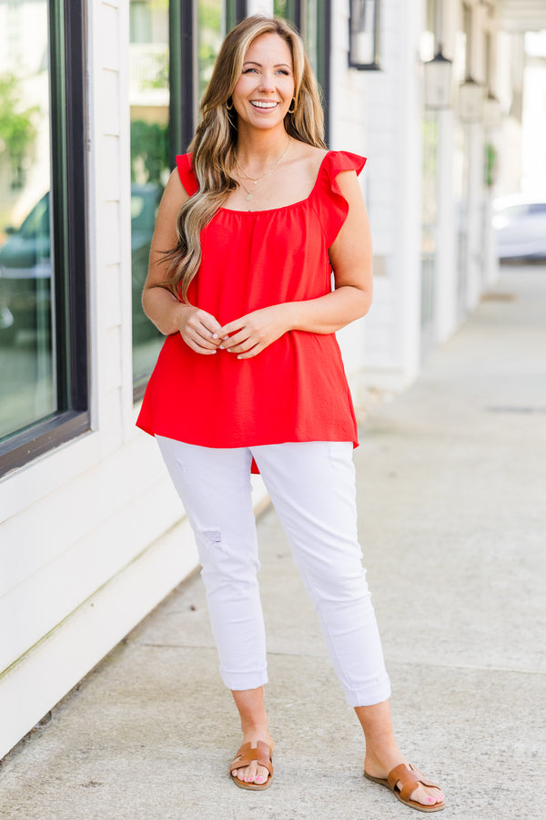 Chic Soul plus size clothing, red strap tank top with square neckline with ruffle along straps
