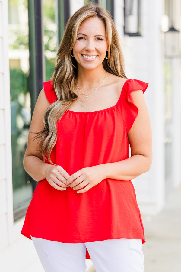 Plus Size red tank top with flutter sleeves and a square neckline.
