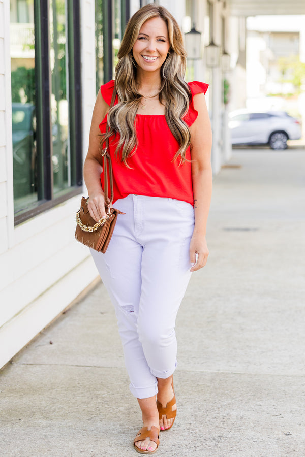Chic Soul plus size clothing, red strap tank top with square neckline with ruffle along straps