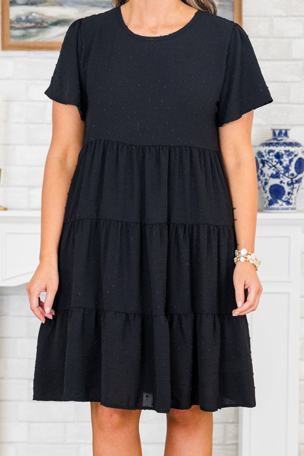 Chic Soul plus size clothing, short-sleeve black ruffled baby doll dress with a scoop-neckline and a subtle swiss dotted pattern