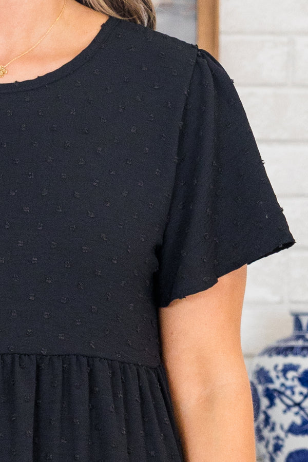 Chic Soul plus size clothing, short-sleeve black ruffled baby doll dress with a scoop-neckline and a subtle swiss dotted pattern