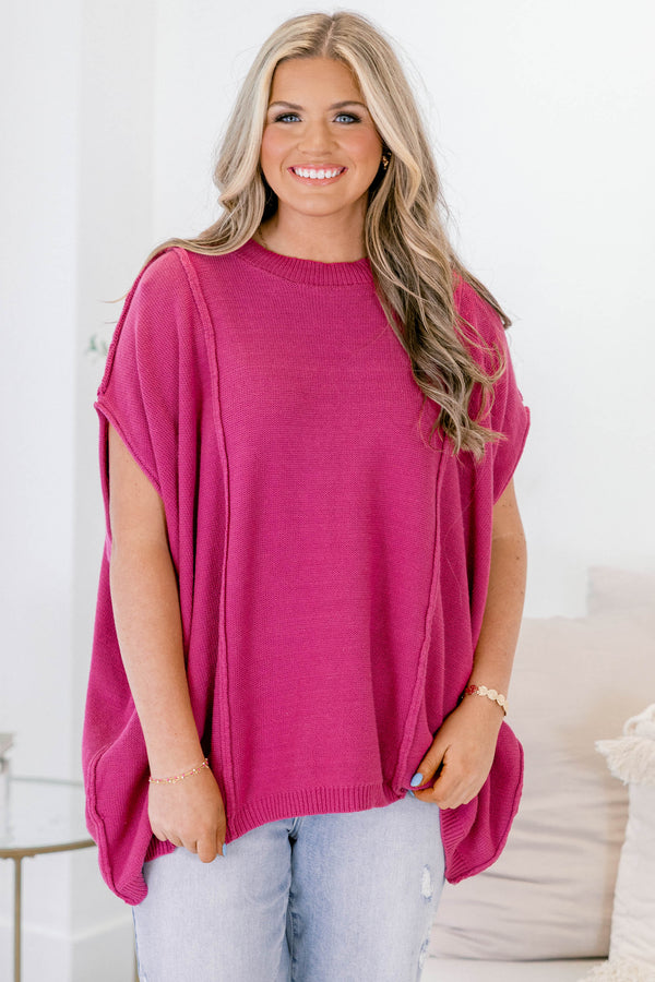 Chic Soul plus size clothing, dark pink short sleeve swig flowy top