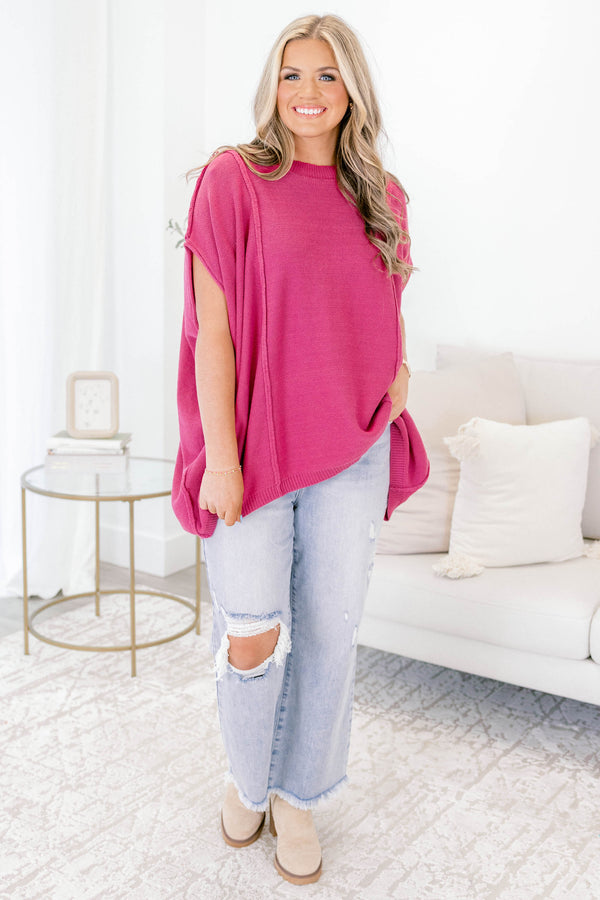 Chic Soul plus size clothing, dark pink short sleeve swig flowy top