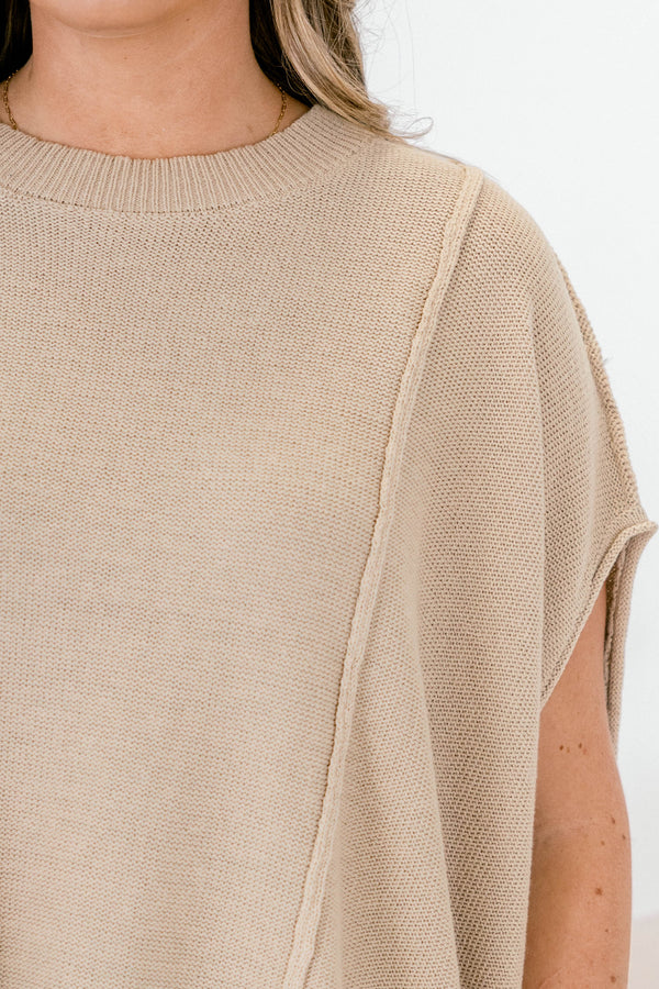 Chic Soul plus size clothing, taupe short sleeve sweater with ribbed details 