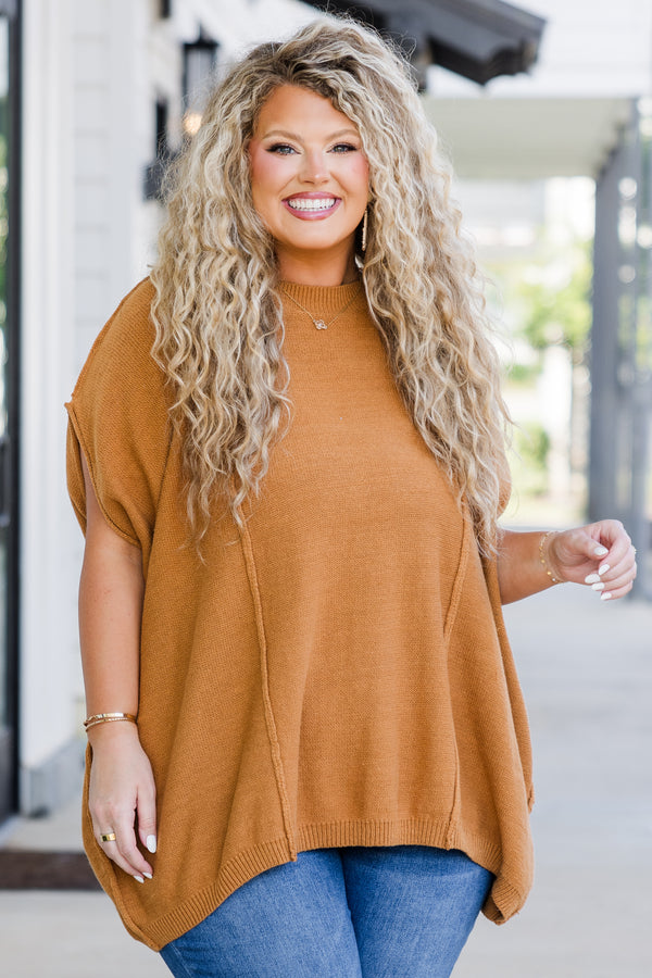 Chic Soul plus size clothing, camel short sleeve sweater top with round neckline and outer stitching detail 