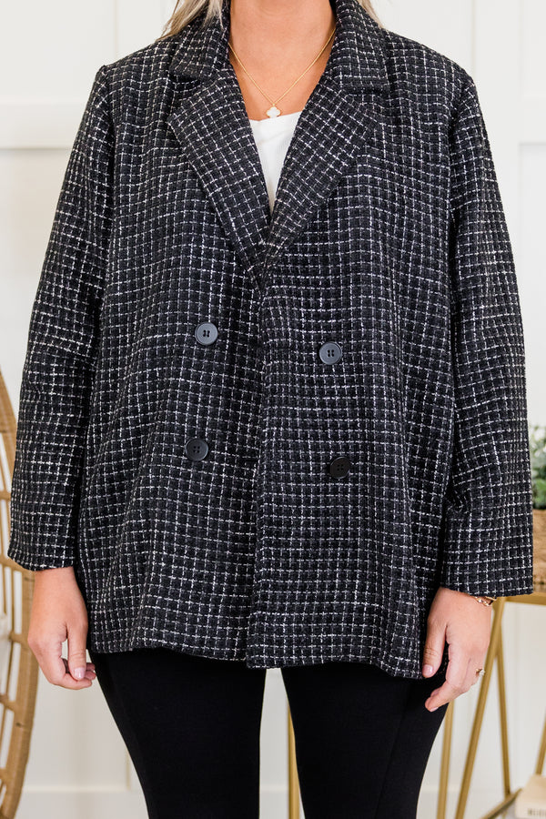 Chic Soul plus size clothing, black long sleeve tweed blazer jacket with button detail on the front with collar detail and side pockets