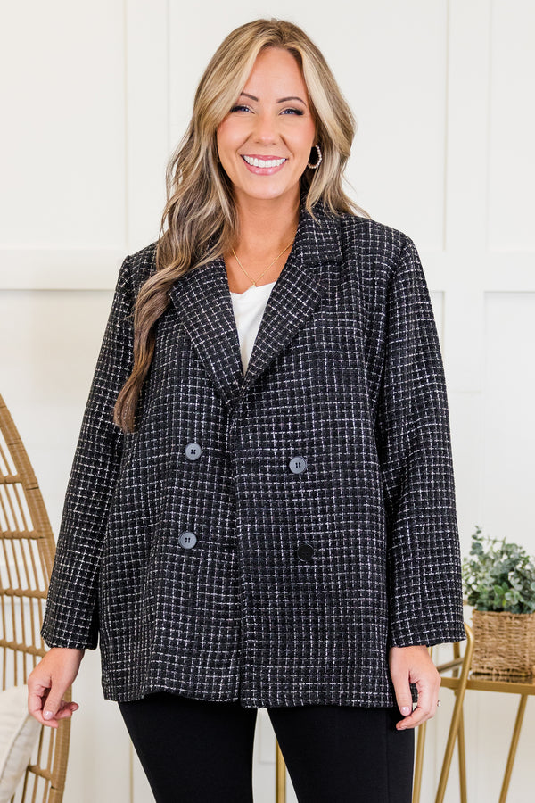 Chic Soul plus size clothing, black long sleeve tweed blazer jacket with button detail on the front with collar detail and side pockets