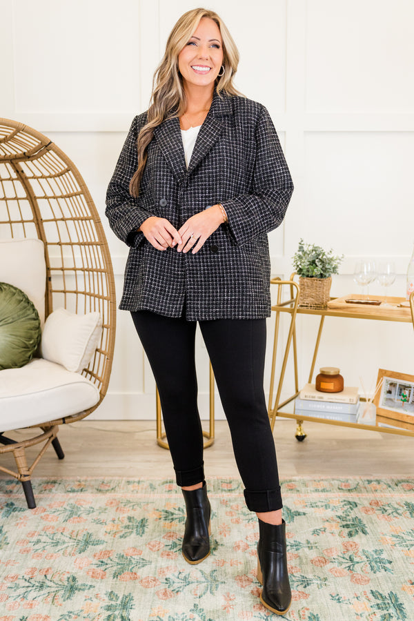 Chic Soul plus size clothing, black long sleeve tweed blazer jacket with button detail on the front with collar detail and side pockets