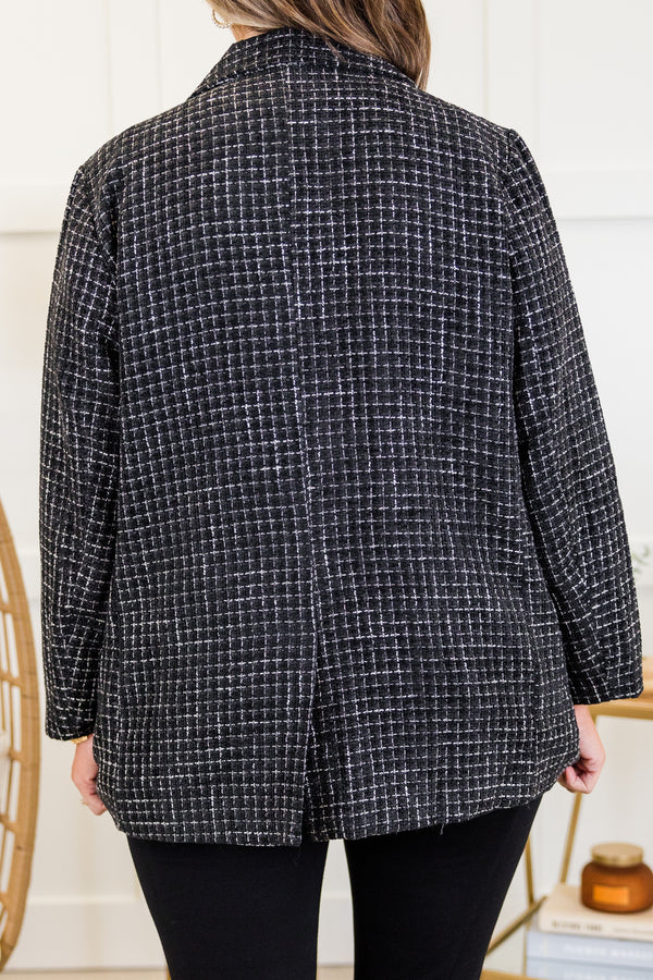 Chic Soul plus size clothing, black long sleeve tweed blazer jacket with button detail on the front with collar detail and side pockets