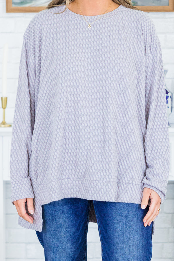 Chic Soul plus size clothing, long-sleeve light grey knit sweater with high-scoop-neckline