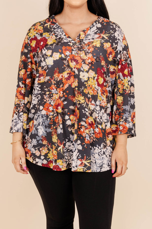 Chic Soul plus size clothing, orange/grey multicolored floral tunic with a v neckline