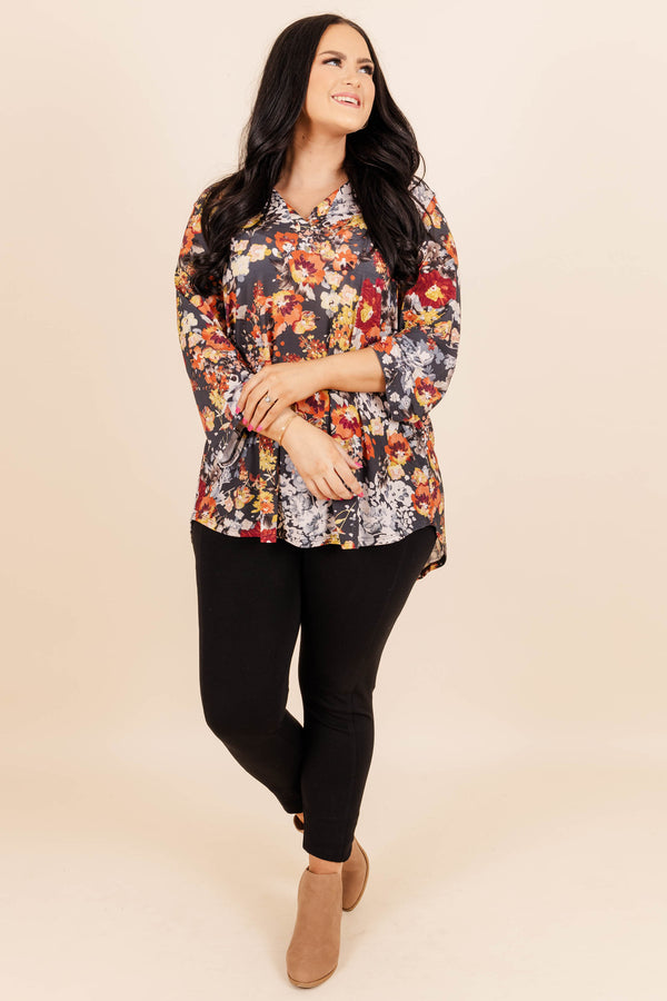 Chic Soul plus size clothing, orange/grey multicolored floral tunic with a v neckline