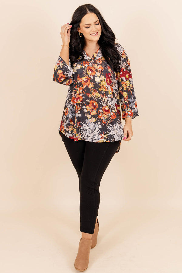 Chic Soul plus size clothing, orange/grey multicolored floral tunic with a v neckline