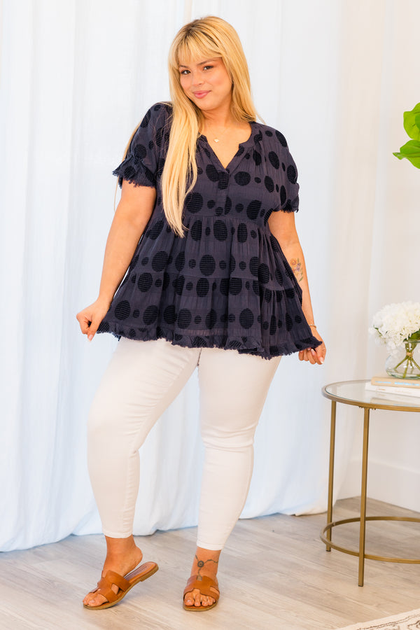 Chic Soul plus size clothing, navy and polka dot short sleeve top with v neckline and distressed hem and sleeves