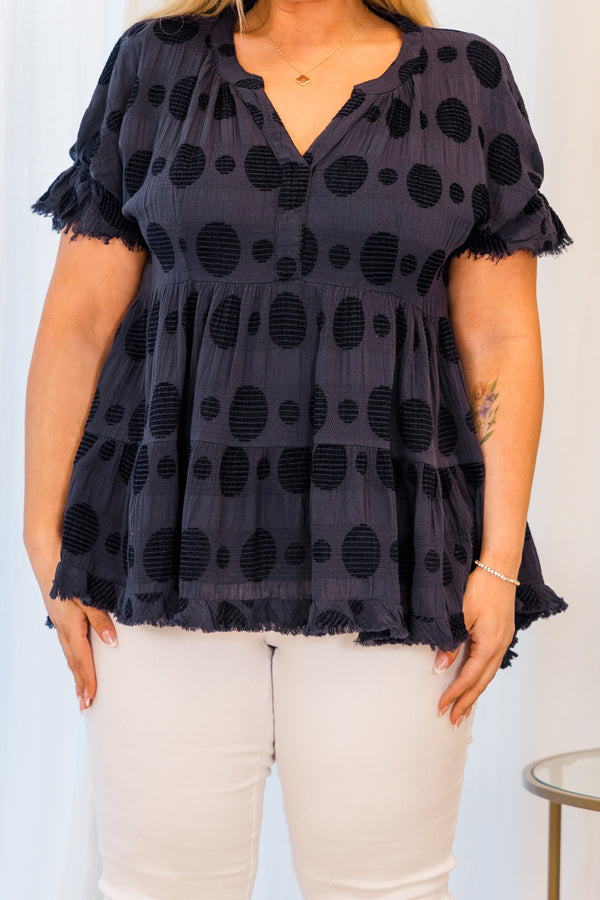 Chic Soul plus size clothing, navy and polka dot short sleeve top with v neckline and distressed hem and sleeves