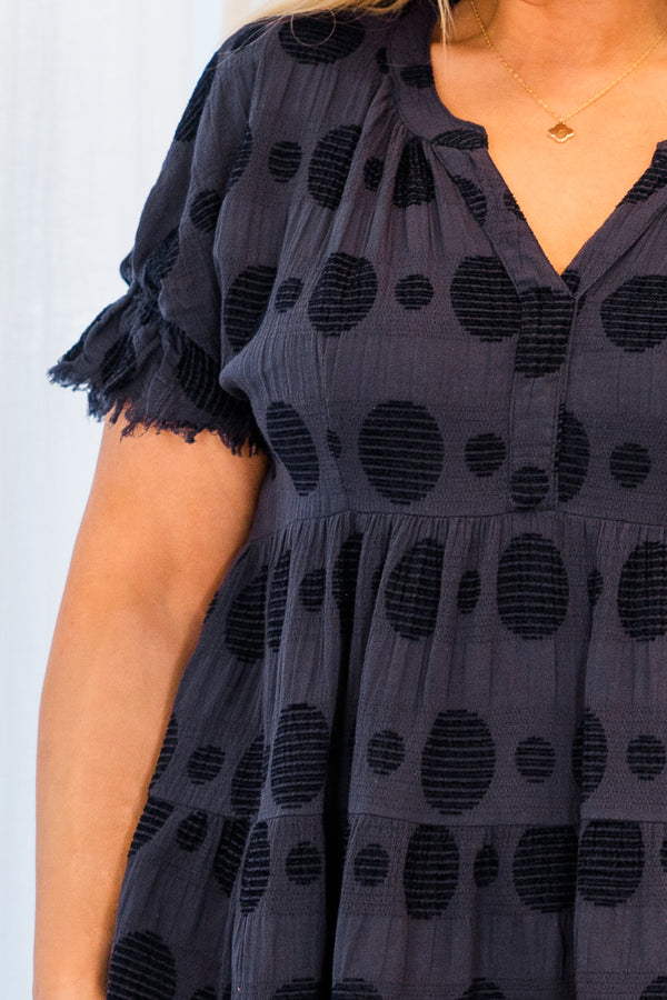 Chic Soul plus size clothing, navy and polka dot short sleeve top with v neckline and distressed hem and sleeves