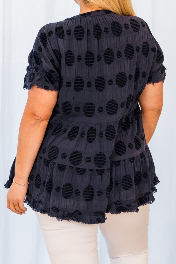 Chic Soul plus size clothing, navy and polka dot short sleeve top with v neckline and distressed hem and sleeves