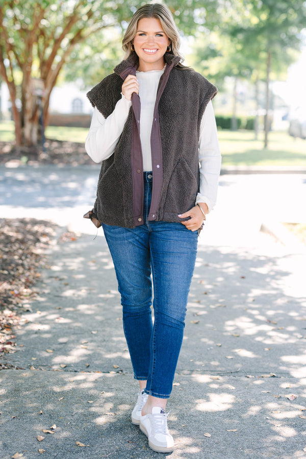 Plus size clothing, fleece chocolate colored vest with snap buttons