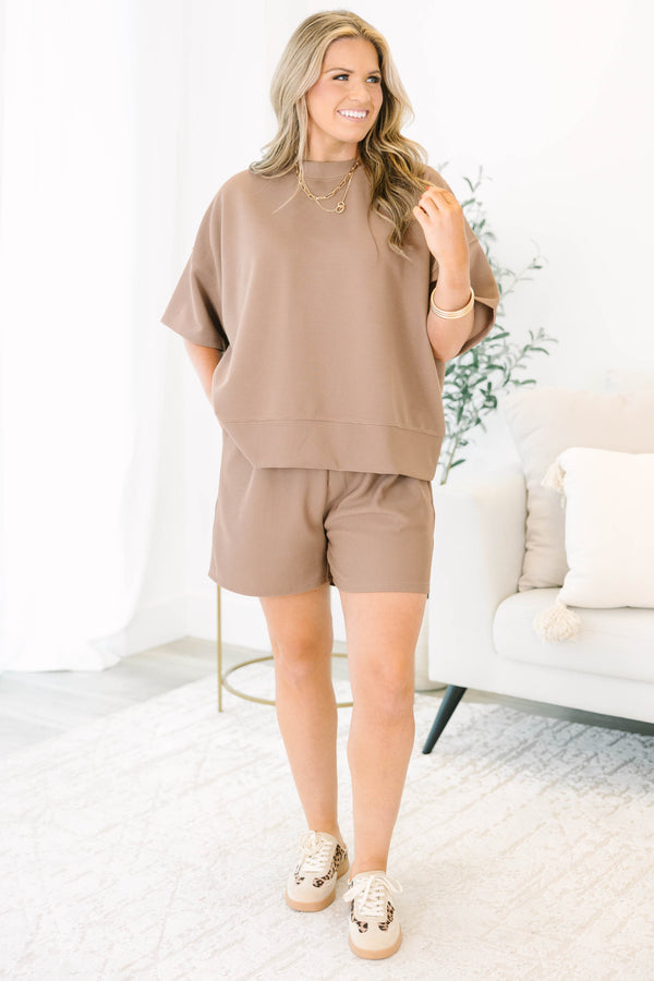 Chic Soul plus size clothing, tan short sleeve and shorts matching set