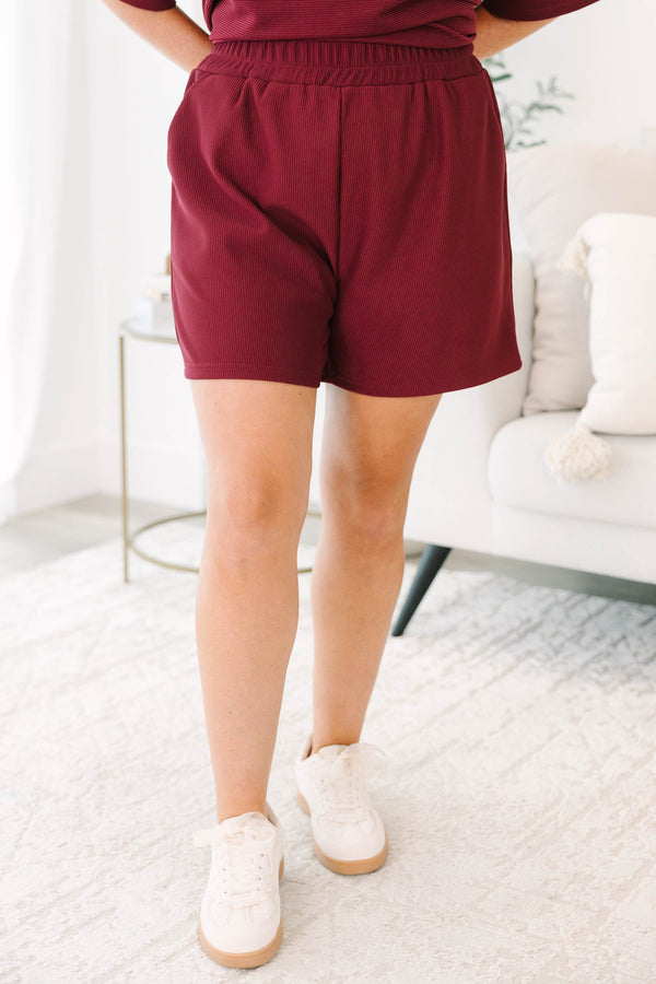 Chic Soul plus size clothing, cabernet red short sleeve crewneck tee with elastic waist band cabernet shorts making a matching set