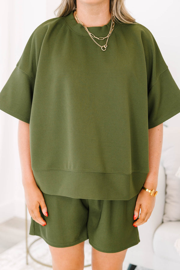 Chic Soul plus size clothing, light olive green short sleeve crewneck top with elastic waistband shorts making a matching set