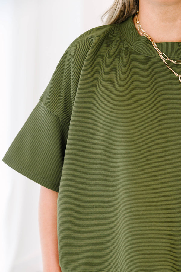 Chic Soul plus size clothing, light olive green short sleeve crewneck top with elastic waistband shorts making a matching set