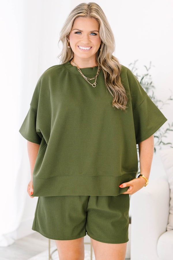 Chic Soul plus size clothing, light olive green short sleeve crewneck top with elastic waistband shorts making a matching set