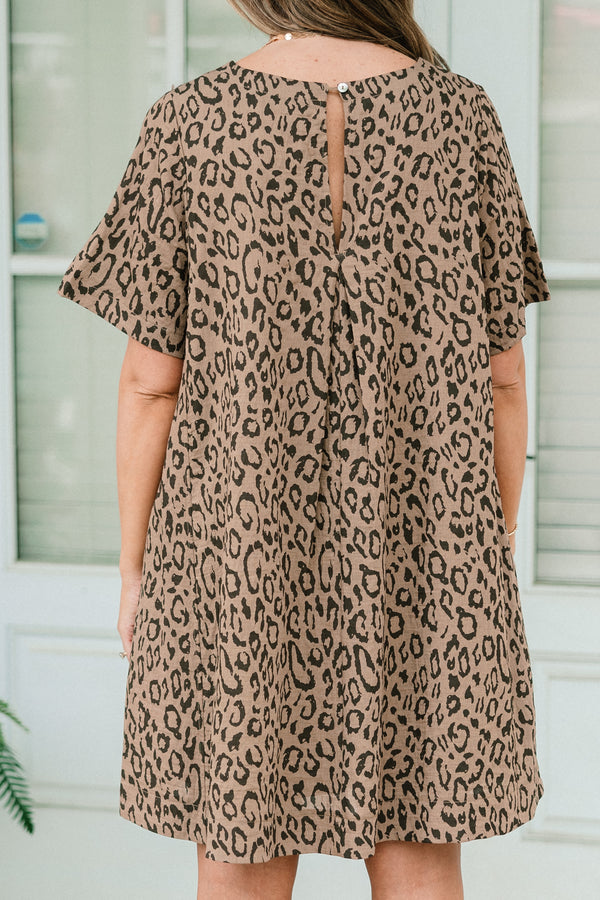 Chic Soul plus size clothing, short-sleeve mocha brown t-shirt short dress with a high-scoop-neckline with a brown leopard print