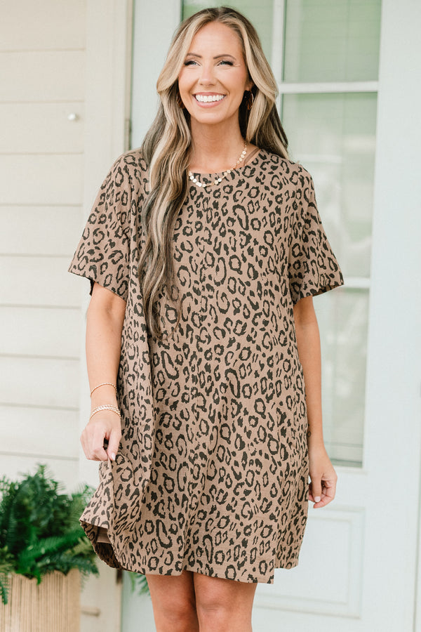 Chic Soul plus size clothing, short-sleeve mocha brown t-shirt short dress with a high-scoop-neckline with a brown leopard print