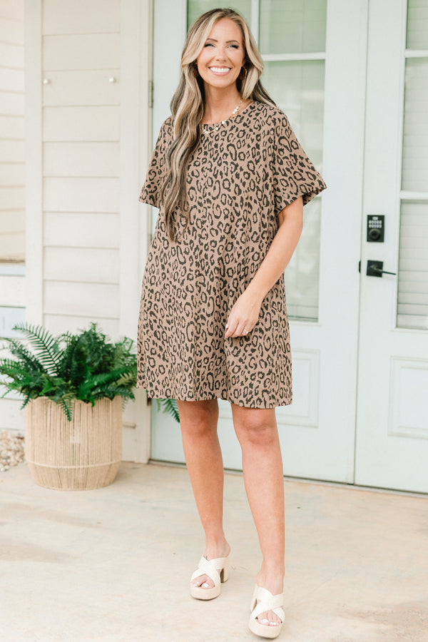 Chic Soul plus size clothing, short-sleeve mocha brown t-shirt short dress with a high-scoop-neckline with a brown leopard print