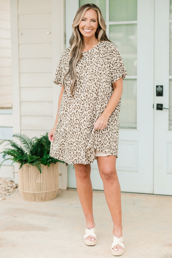 Chic Soul plus size clothing, short-sleeve oatmeal tan t-shirt short dress with a scoop-neckline and a brown leopard print pattern