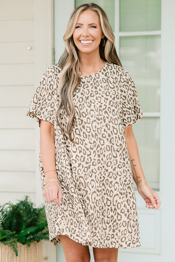 Chic Soul plus size clothing, short-sleeve oatmeal tan t-shirt short dress with a scoop-neckline and a brown leopard print pattern