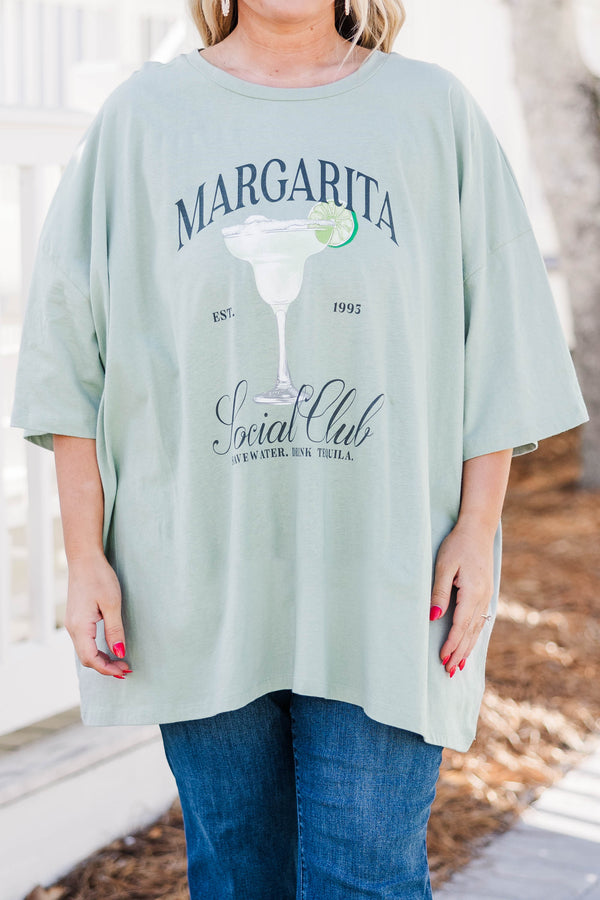 Chic Soul plus size clothing, light sage Margarita Social Club graphic boyfriend tee