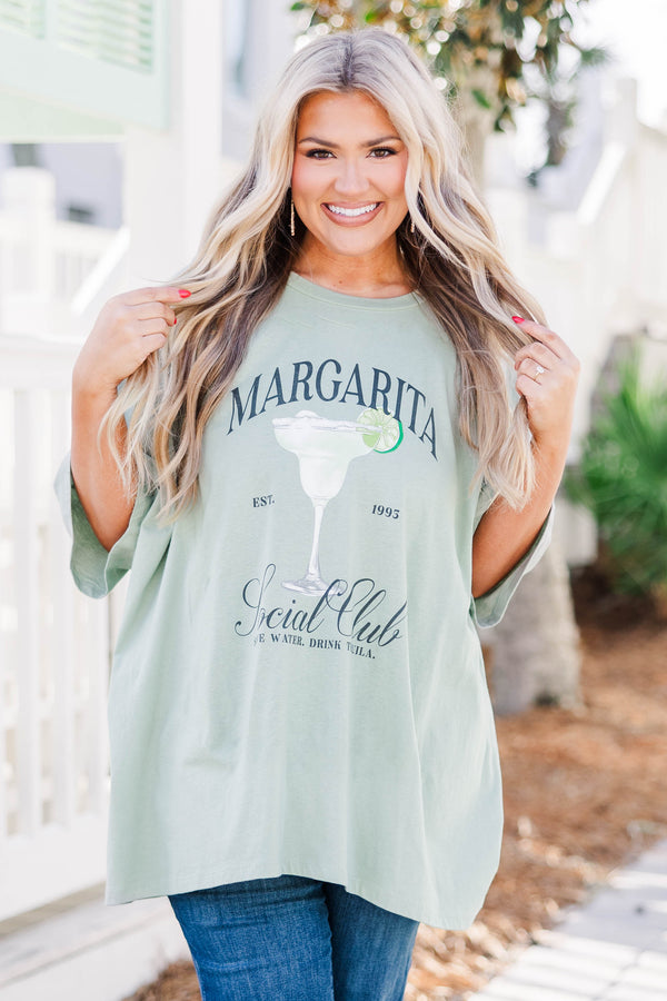 Chic Soul plus size clothing, light sage Margarita Social Club graphic boyfriend tee