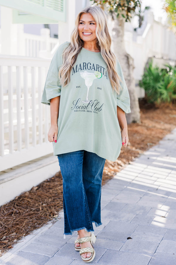 Chic Soul plus size clothing, light sage Margarita Social Club graphic boyfriend tee